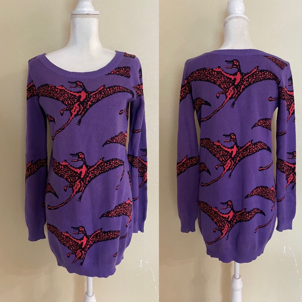 Vintage Betsey Johnson Pterodactyl Dinosaur 80’s Punk Sweater Dress Rare neon